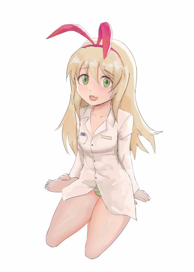 :d blonde_hair breast_pocket cicini_(rabi-ribi) commentary commission dress_shirt english_commentary eyebrows_visible_through_hair fang green_eyes hair_between_eyes hairband long_hair looking_at_viewer no_pants open_mouth panties pocket quentin_lecuiller rabi-ribi shirt simple_background sitting smile solo striped striped_panties underwear white_background white_shirt yokozuwari
