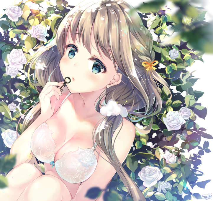 bangs bare_arms bare_shoulders blue_eyes blurry blurry_foreground blush bow bow_bra bra braid breasts brown_hair cleavage collarbone commentary_request depth_of_field dutch_angle eyebrows_visible_through_hair flower hair_ribbon hand_up holding holding_key key knees_up long_hair looking_at_viewer low_twintails medium_breasts orange_ribbon original parted_lips ribbon rose rose_bush solo suihi twintails underwear very_long_hair white_background white_bra white_flower white_rose