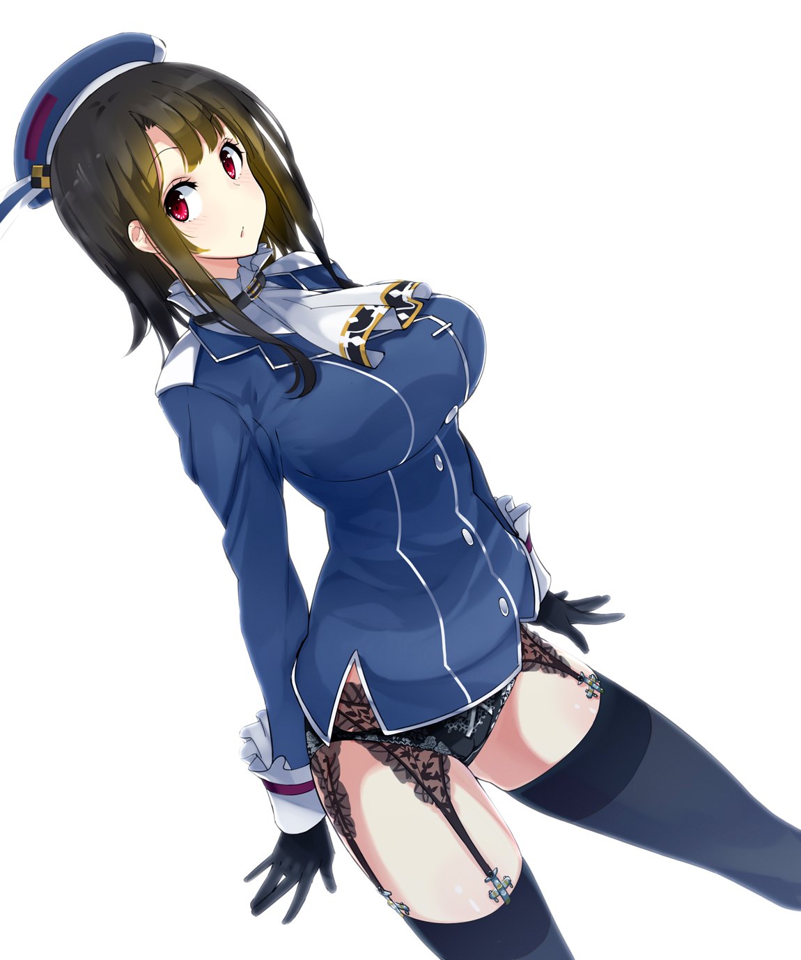 airplane_ornament amami_amayu beret black_gloves black_hair black_legwear black_panties blue_hat blush breasts garter_belt gloves hat highres impossible_clothes kantai_collection large_breasts lingerie long_hair long_sleeves looking_at_viewer military military_uniform no_pants open_mouth panties red_eyes short_hair short_hair_with_long_locks sidelocks simple_background solo takao_(kantai_collection) thighhighs underwear uniform white_background