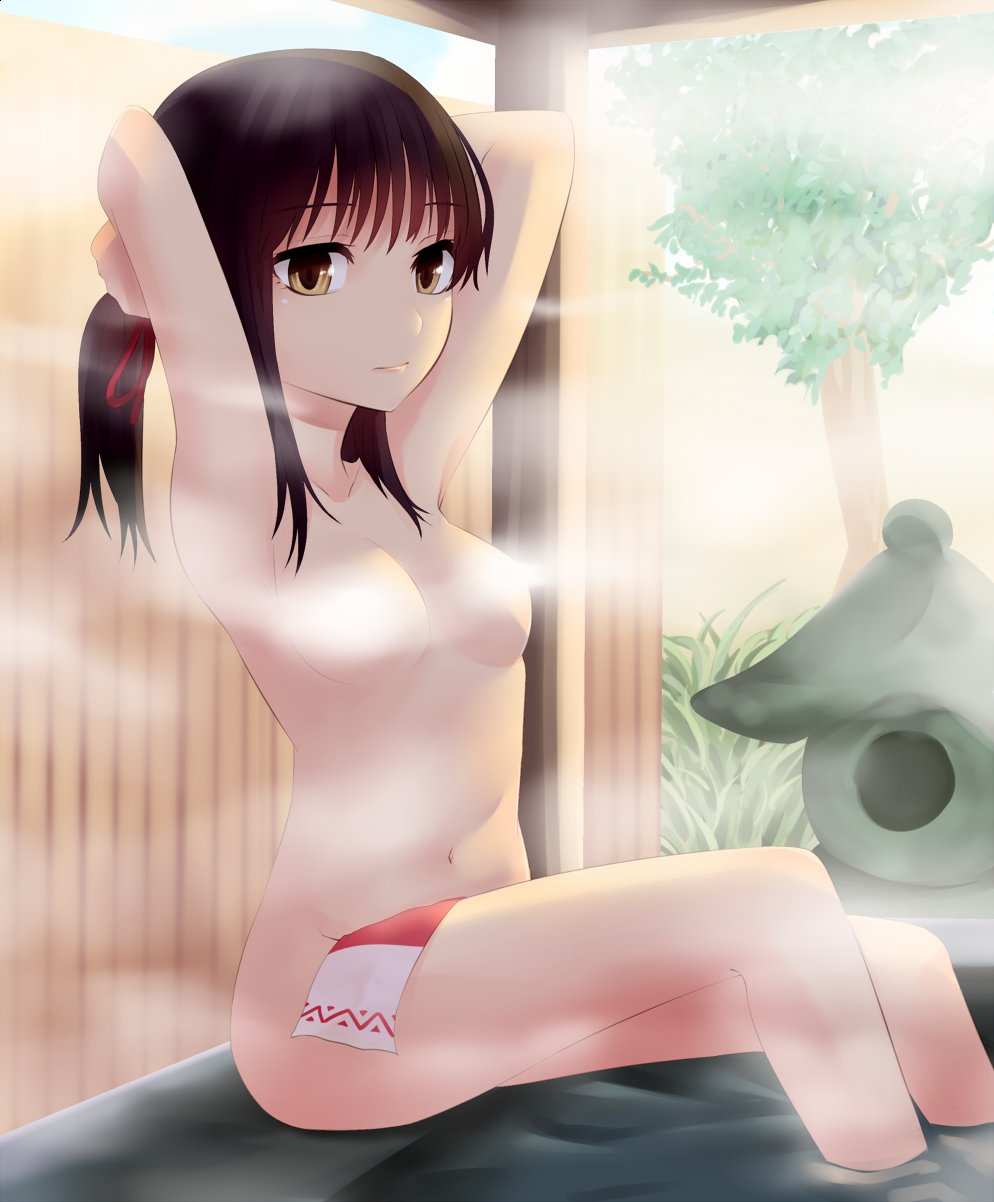 armpits arms_up bangs black_hair breasts brown_eyes collarbone commentary_request convenient_censoring feet_out_of_frame hair_ribbon hakurei_reimu highres looking_at_viewer medium_hair miyo_(ranthath) multicolored_towel navel nude onsen print_towel red_ribbon red_towel ribbon sidelocks sitting small_breasts solo steam steam_censor stomach thighs touhou towel towel_on_legs tree tying_hair water white_towel