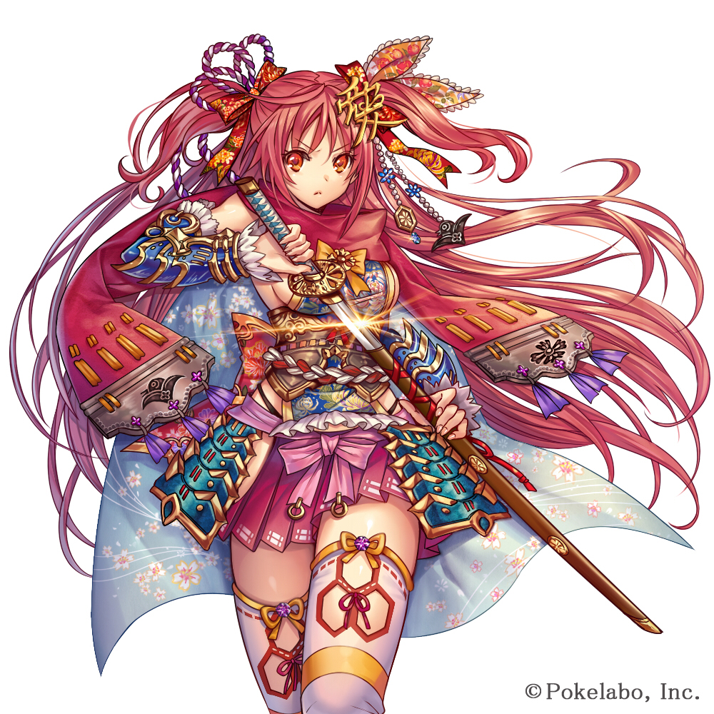 armor bangs beads blue_armor blue_cape blue_flower bow breasts cape closed_mouth commentary_request company_name detached_sleeves eyebrows_visible_through_hair fingernails floating_hair floral_print flower gem glint hair_between_eyes hair_bow hair_ribbon hip_vent holding holding_sheath holding_sword holding_weapon japanese_armor katana kusazuri long_hair looking_at_viewer madogawa medium_breasts obi official_art orange_eyes pink_bow pink_skirt print_bow print_cape red_bow red_hair red_ribbon red_scarf ribbon ribbon-trimmed_legwear ribbon_trim rope sash scabbard scarf sengoku_gensoukyoku serious sheath shimenawa sideboob sidelocks simple_background skirt solo standing sword thighhighs two_side_up unsheathing v-shaped_eyebrows vambraces very_long_hair walking weapon white_background white_legwear wind zettai_ryouiki