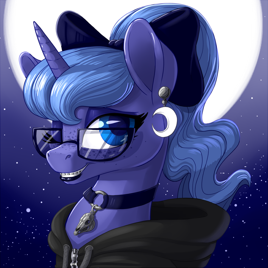 2017 adorkable aged_down alternate_hairstyle blue_eyes blue_hair braces bust_portrait choker clothed clothing cute ear_piercing equine eyelashes eyeshadow eyewear female feral freckles friendship_is_magic glasses goth grin hair hair_bow hair_ribbon hoodie horn jewelry lipstick looking_at_viewer makeup mammal mascara moon my_little_pony night one_eye_closed outside piercing ponytail portrait princess_luna_(mlp) pusspuss ribbons sky smile solo star starry_sky teenager teeth wink young