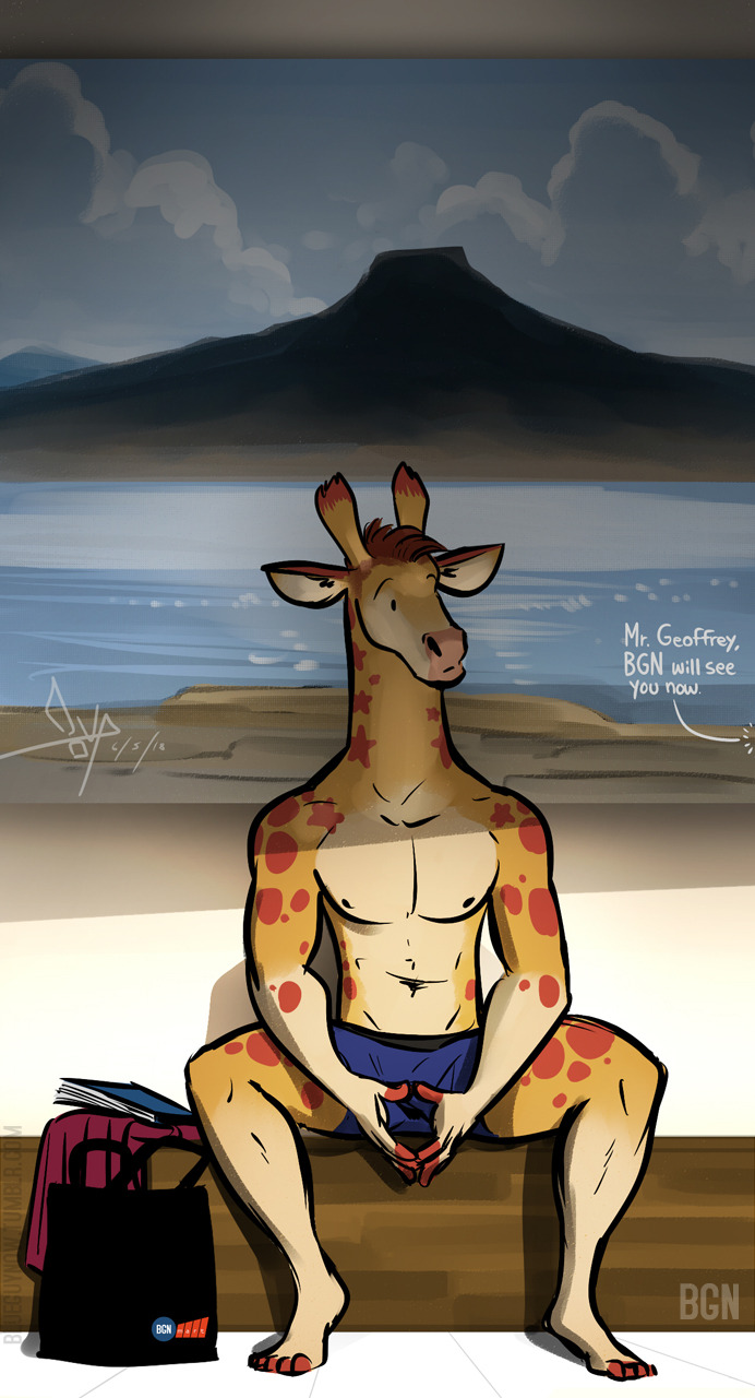 bgn brown_hair clothed clothing english_text fur geoffrey_the_giraffe giraffe hair male mammal nipples shorts sitting spots text topless toys_r_us yellow_fur