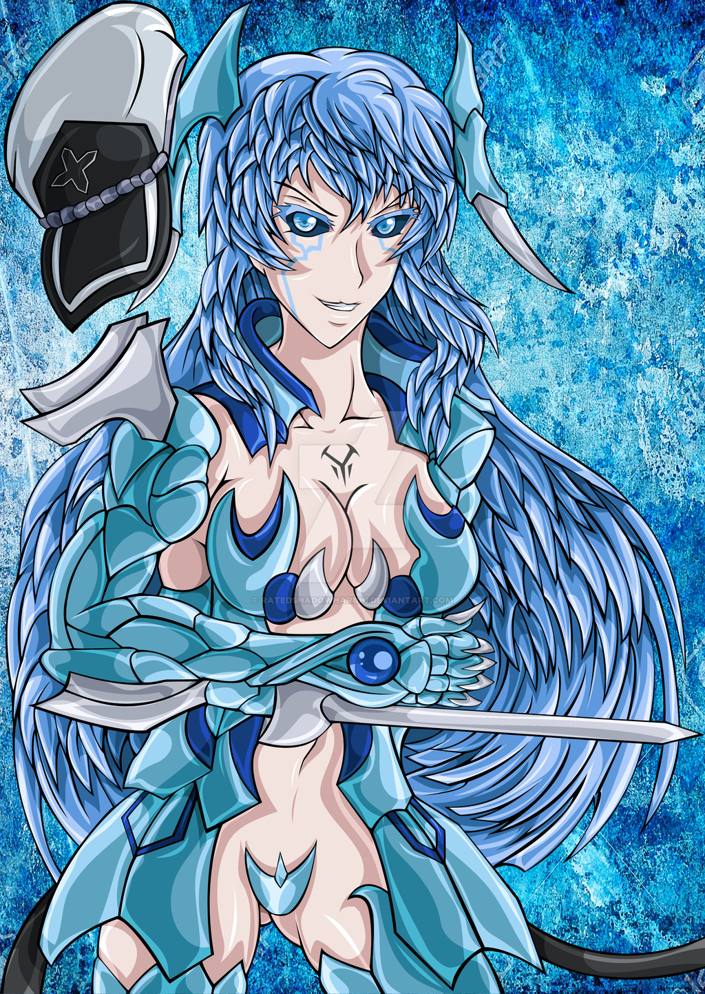 akame_ga_kill! antenna_hair arm_blade armor bikini_armor black_sclera blade blue_eyes blue_hair breasts claws cleavage commentary crossover dark_sclera english_commentary esdeath hat highres large_breasts long_hair looking_at_viewer ratedshadowharuhi sadism smile solo very_long_hair weapon witchblade