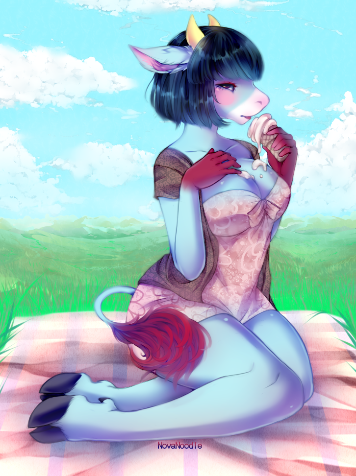 2017 animal_crossing anthro anthrofied barefoot bedding big_breasts biped black_hooves blanket blep blue_hair blue_skin blue_tail blush bovine breasts brown_clothing brown_eyes cattle cleavage clothed clothing cloud cloven_hooves collarbone dessert digital_drawing_(artwork) digital_media_(artwork) dress ears_back eyeshadow female food full-length_portrait gloves_(marking) grass hair hand_on_breast holding_food holding_object hooves horn humanoid_hands ice_cream inner_ear_fluff lighting looking_at_viewer makeup mammal markings mascara melting multicolored_skin muzzle_(marking) naomi_(animal_crossing) nature nintendo novanoodle outside picnic_blanket pink_clothing pinup portrait pose red_skin red_tail red_tongue shadow short_hair side_view sitting sky small_waist snout solo suggestive suggestive_food tail_tuft tongue tongue_out tuft two_tone_tail video_games white_skin wide_hips yellow_horn