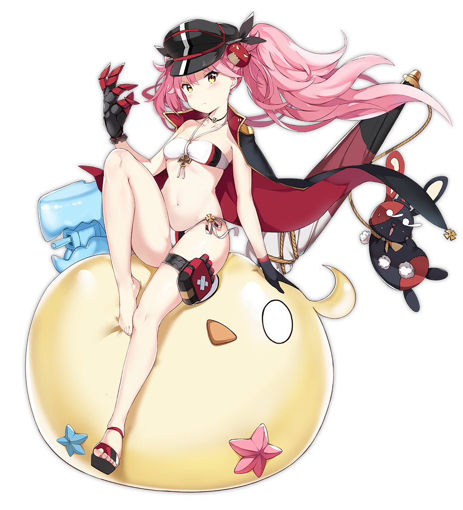 &gt;:( azur_lane bare_shoulders barefoot bikini black_gloves black_hat blush boqboq closed_mouth collarbone flip-flops frown full_body gloves hat iron_cross jewelry long_hair looking_at_viewer mechanical_hand navel necklace official_art pink_hair sandals side_ponytail sitting solo stuffed_animal stuffed_bunny stuffed_toy swimsuit transparent_background yellow_eyes z25_(azur_lane)