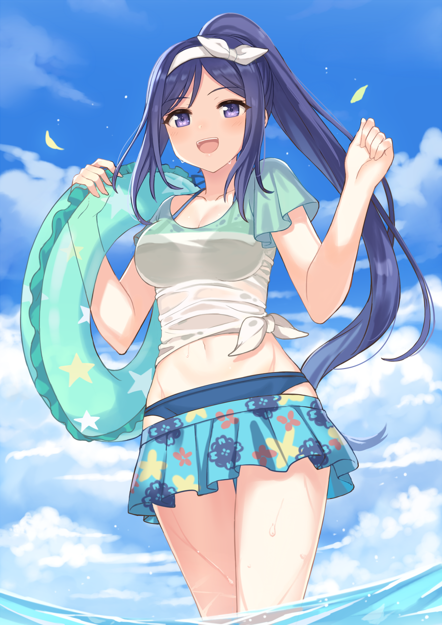 :d arm_up bikini bikini_under_clothes blue_bikini blue_eyes blue_hair blue_shirt blue_skirt blue_sky bow breasts cloud cloudy_sky collarbone day floral_print groin hair_bow hajime_kaname high_ponytail highres innertube long_hair looking_at_viewer love_live! love_live!_sunshine!! lowleg_skirt matsuura_kanan medium_breasts midriff multicolored_shirt navel ocean open_mouth ponytail see-through shirt short_sleeves sidelocks skirt sky smile solo star star_print swimsuit thighs tied_shirt wading water white_shirt