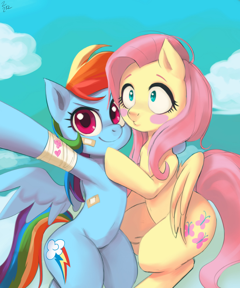 &lt;3 2017 band-aid bandage blue_feathers blush cloud cute cutie_mark duo equine eyebrows eyelashes feathered_wings feathers female female/female feral fluttershy_(mlp) flying friendship_is_magic hair hooves hug jus+ice mammal multicolored_hair my_little_pony nude pegasus pink_hair portrait purple_eyes rainbow_dash_(mlp) rainbow_hair sky smile teal_eyes wide_eyed wings yellow_feathers