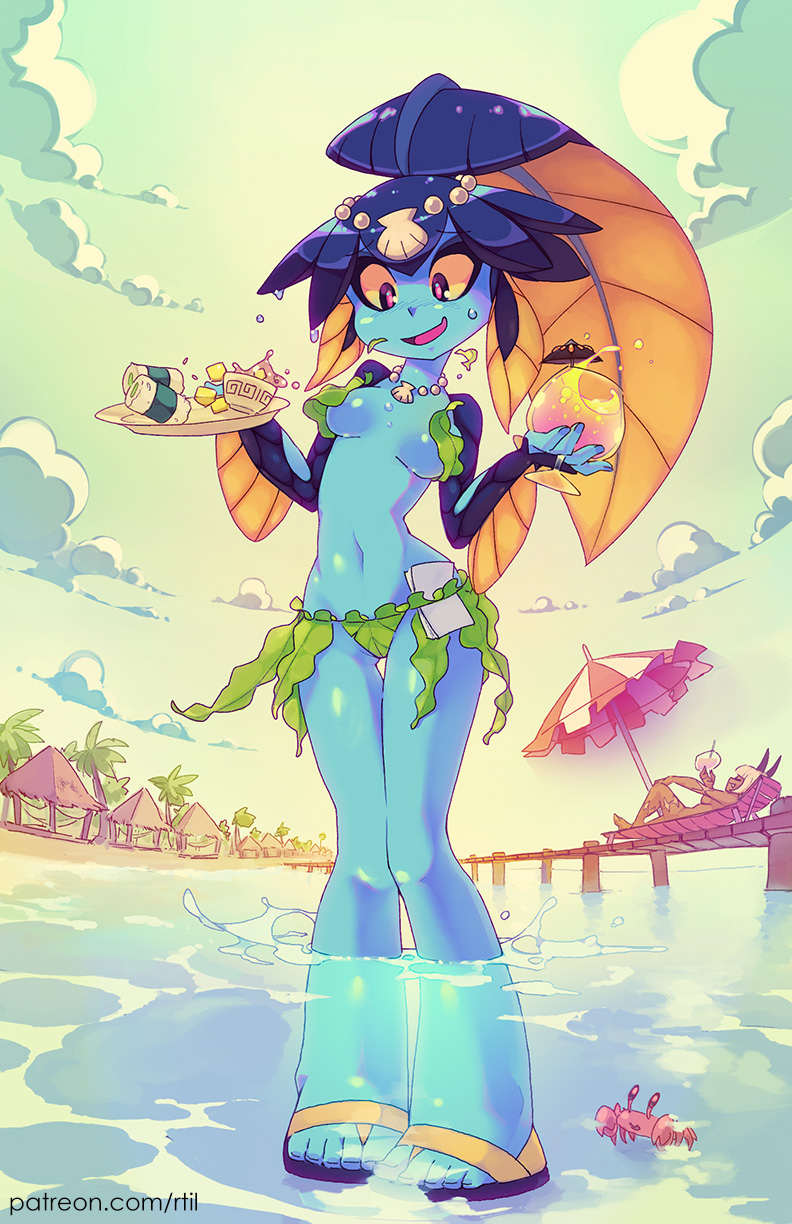 beach_umbrella blue_skin breasts breasts_apart cloud commentary crab english_commentary fish_girl food hair_ornament highres jewelry medium_breasts minette_(skullgirls) monster_girl ms._fortune_(skullgirls) multiple_girls necklace outdoors pearl_necklace rtil shell shell_necklace skullgirls solo_focus tray umbrella wading water yellow_sclera