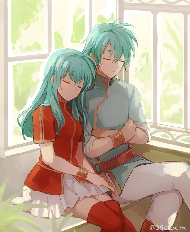 1girl 2900cm aqua_hair blue_hair brother_and_sister closed_eyes eirika ephraim fire_emblem fire_emblem:_seima_no_kouseki fire_emblem_heroes gloves green_hair long_hair short_hair siblings sleeping