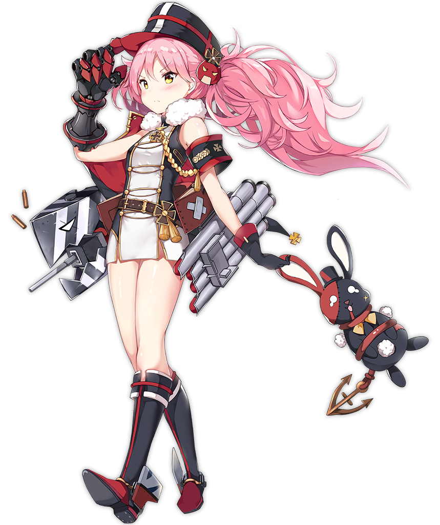 &gt;:( armband azur_lane black_footwear black_gloves black_hat boots boqboq breasts closed_mouth eyebrows_visible_through_hair frown full_body gloves hat holding holding_stuffed_animal knee_boots looking_at_viewer mechanical_arm medium_breasts official_art pink_hair ponytail shell_casing solo stuffed_animal stuffed_bunny stuffed_toy transparent_background yellow_eyes z25_(azur_lane)