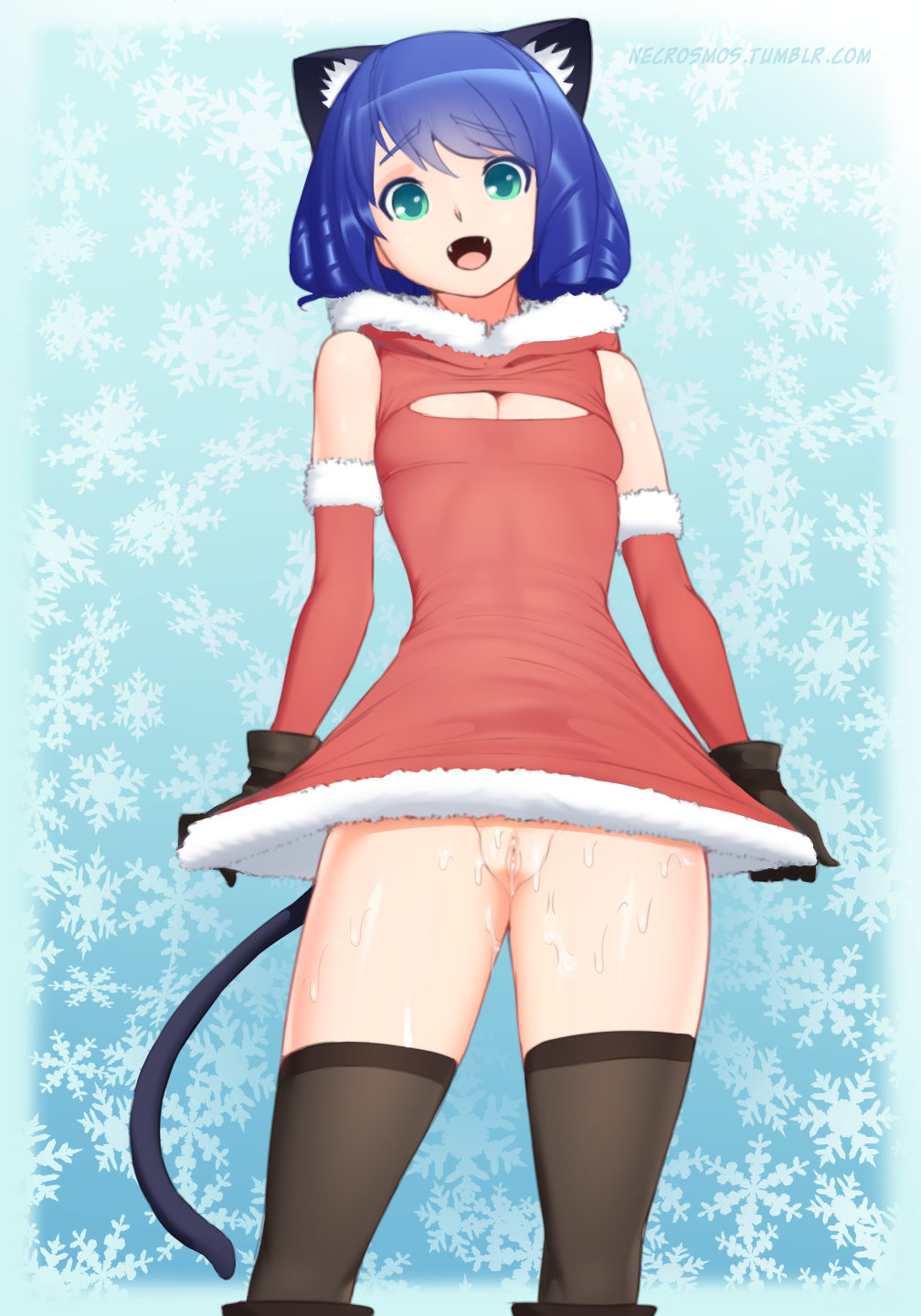 animal_humanoid armwear blue_hair breasts cat_humanoid christmas clothing elbow_gloves fangs feline feline_humanoid female gloves green_eyes hair holidays humanoid keyhole_turtleneck legwear mammal necrosmos open_mouth pussy small_breasts snowflake stockings sweat sweater