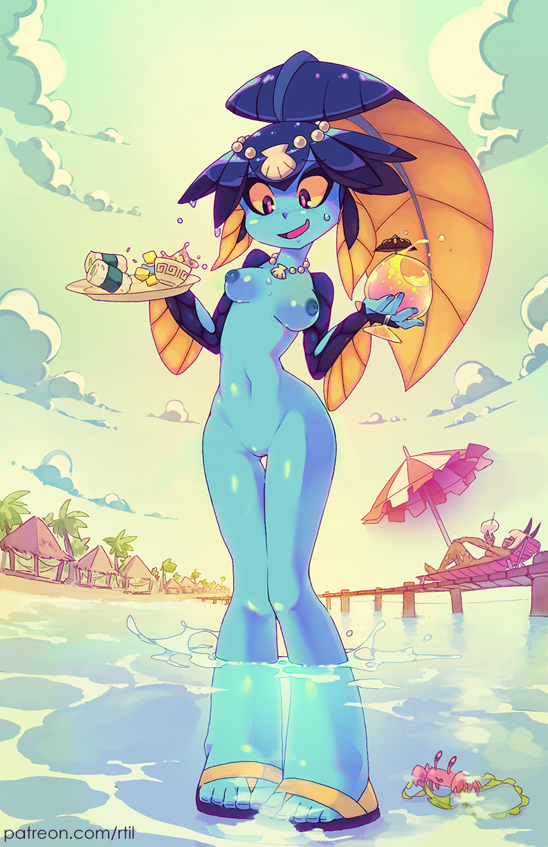 beach_umbrella blue_skin breasts breasts_apart cloud commentary crab english_commentary fish_girl food hair_ornament highres jewelry medium_breasts minette_(skullgirls) monster_girl ms._fortune_(skullgirls) multiple_girls necklace nipples nude outdoors pearl_necklace pussy rtil shell shell_necklace skullgirls solo_focus tray umbrella wading water yellow_sclera