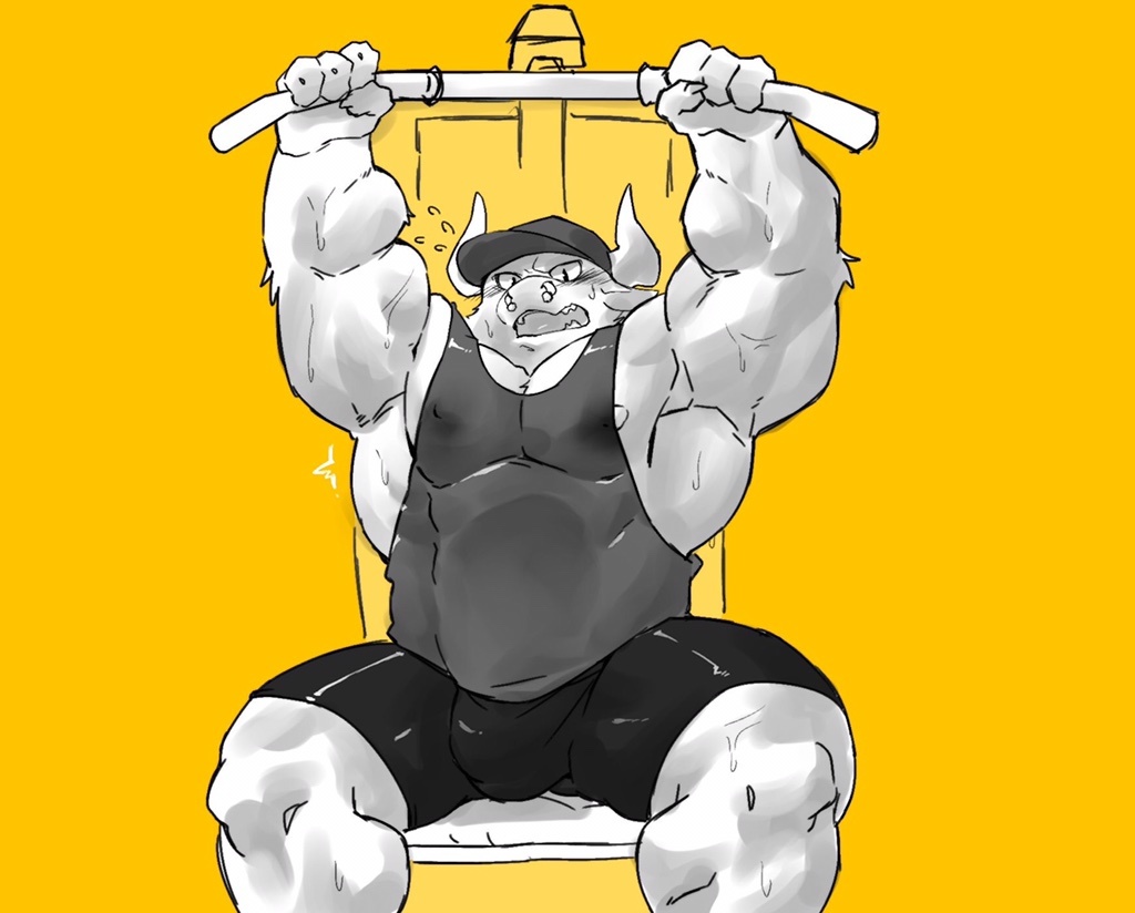 barazoku biceps bovine bulge cattle clothing exercise facial_piercing hat horn looking_at_viewer male mammal muscular muscular_male nose_piercing nose_ring open_mouth pecs piercing shirt shorts simple_background sitting solo swear tank_top vorusuarts