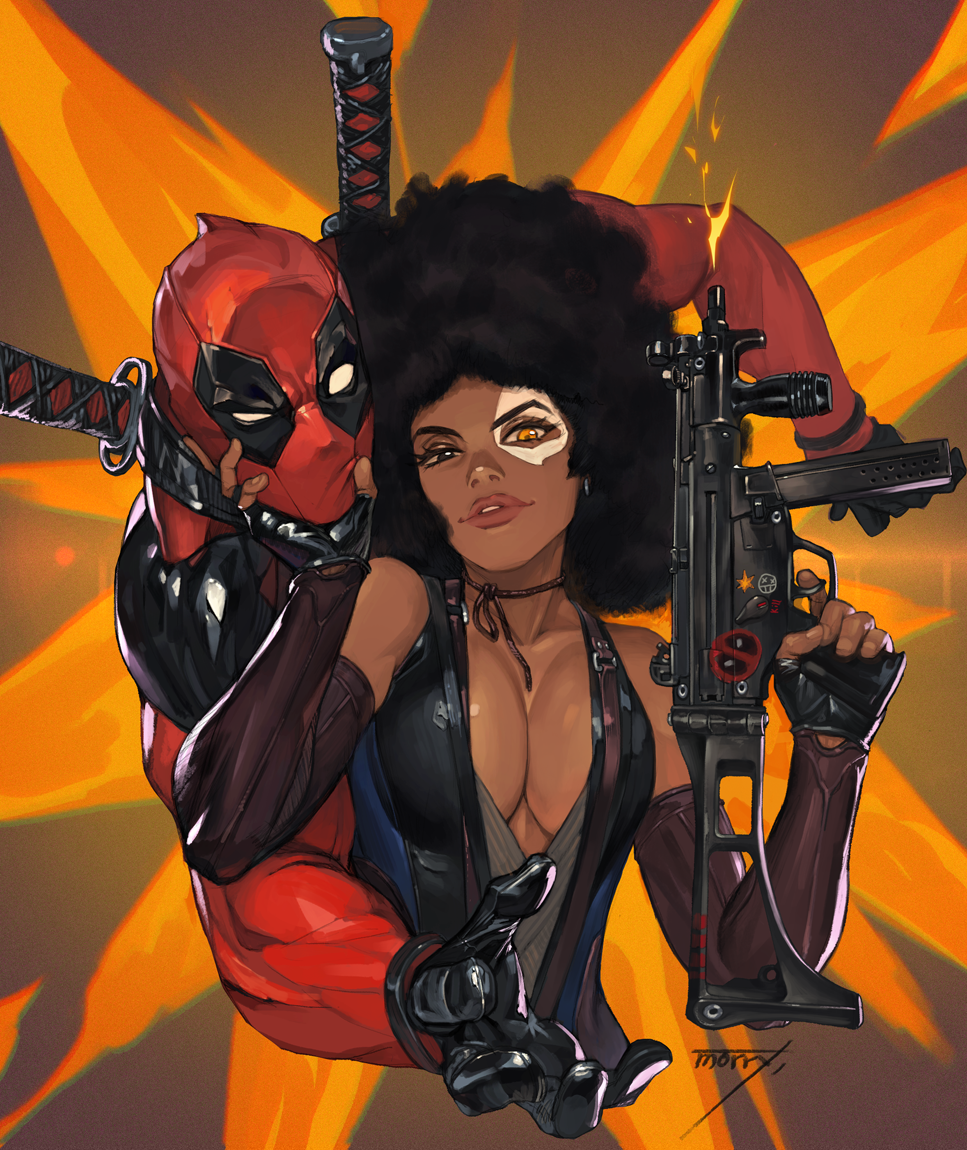 1girl afro bare_shoulders black_gloves black_hair bodysuit breasts brown_eyes cleavage dark_skin deadpool deadpool_(movie) deadpool_2 detached_sleeves domino_(marvel) facepaint fingerless_gloves firing gloves grabbing gun hand_on_another's_chin hands_up head_grab heterochromia holding holding_gun holding_weapon light_smile lips looking_at_viewer machine_gun marvel mask medium_hair muzzle_flash na_in-sung orange_eyes parted_lips shiny shiny_clothes signature sword sword_hilt upper_body vest weapon weapon_on_back