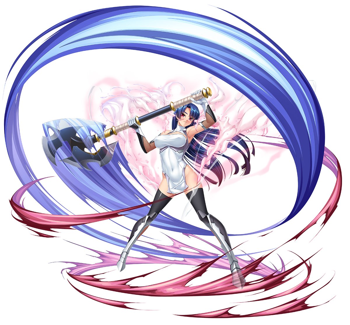 armpits aura axe bare_shoulders battle_axe black_legwear blue_hair breasts covered_navel dress elbow_gloves fishnets full_body gloves holding holding_weapon injury kagami_hirotaka large_breasts long_hair looking_at_viewer official_art pelvic_curtain red_eyes scar shiny shiny_hair shiny_skin short_dress simple_background slashing sleeveless solo standing taimanin_(series) taimanin_murasaki thighhighs turtleneck underwear very_long_hair weapon white_background yatsu_murasaki