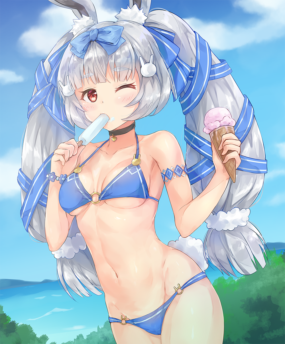 animal_ears arm_strap atla_(kyokkou_no_lemuria) bangs bare_shoulders bikini black_choker blue_bikini blue_bow blue_ribbon blue_sky blunt_bangs blush bow breasts bunny_ears bunny_hair_ornament bunny_tail chaou choker cloud collarbone commentary cowboy_shot day eating eyebrows_visible_through_hair food food_on_face groin hair_bow hair_ornament hair_ribbon hair_scrunchie heart heart_choker highres holding holding_food ice_cream ice_cream_cone kyokkou_no_lemuria long_hair looking_at_viewer mountain navel o-ring o-ring_bikini o-ring_bottom o-ring_top ocean one_eye_closed outdoors popsicle red_eyes ribbon scrunchie shiny shiny_hair shiny_skin sidelocks silver_hair sky small_breasts solo standing stomach swimsuit tail thick_eyebrows tree twintails waffle_cone white_scrunchie