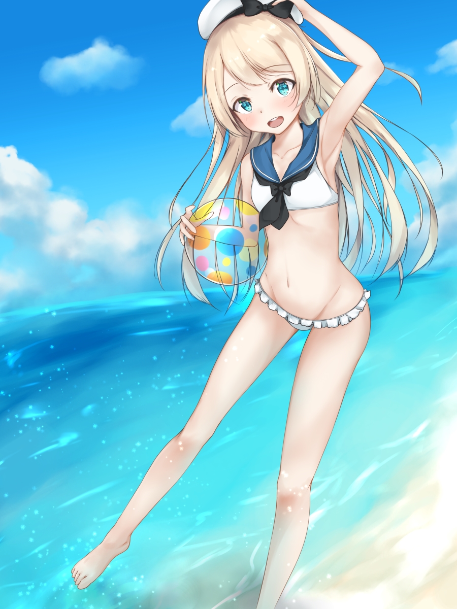 adapted_costume arm_up armpits ball barefoot beach beachball bikini black_neckwear blonde_hair blue_eyes blue_sailor_collar blue_sky cloud collarbone day eyebrows_visible_through_hair frilled_bikini_bottom groin hand_on_headwear hat highres horizon jervis_(kantai_collection) kantai_collection long_hair looking_at_viewer navel neckerchief ocean open_mouth sailor_bikini sailor_collar sailor_hat sky solo swimsuit vipper_captain white_bikini_bottom white_hat