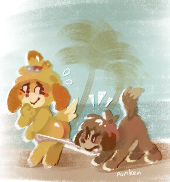 animal_crossing beach brown_fur butt canine clothing coppertone digby_(animal_crossing) dog duo exposed female fur isabelle_(animal_crossing) looking_back low_res male mammal nintendo nude outside panken panties panty_pull public pussy seaside underwear underwear_down underwear_pull video_games yellow_fur