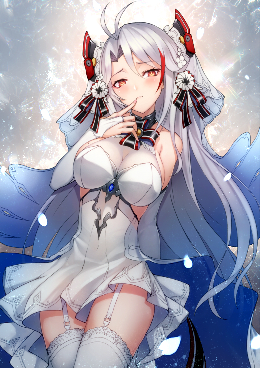 adapted_costume antenna_hair arm_behind_back azur_lane bangs banned_artist bare_shoulders blush breasts bridal_gauntlets bridal_veil brown_eyes cleavage collarbone commentary_request dated dress eyebrows_visible_through_hair finger_to_mouth flower garter_straps gloves hair_between_eyes hair_ornament half-closed_eyes headgear iron_cross kyoeiki large_breasts light_particles long_hair looking_at_viewer mole mole_on_breast multicolored_hair nail_polish no_bra parted_lips petals pink_nails prinz_eugen_(azur_lane) red_hair see-through silver_hair smile solo thighhighs thighs two_side_up veil very_long_hair wedding_dress white_dress white_flower white_footwear white_gloves white_hair white_legwear