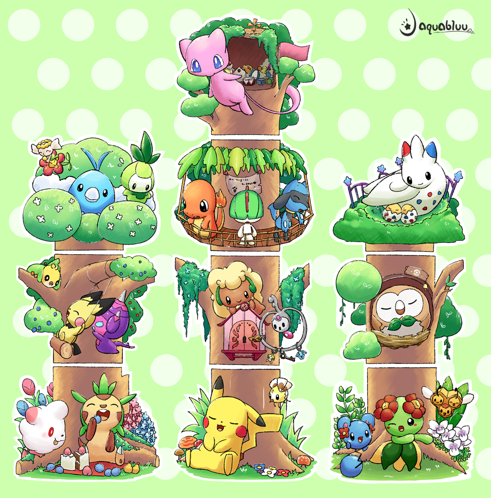 :d aquabluu azurill bellossom bird black_eyes blush_stickers bug charmander chespin combee commentary creature creatures_(company) cutiefly deviantart_username english_commentary eyes_closed fiery_tail fire flabebe flame floating flower game_freak gen_1_pokemon gen_2_pokemon gen_3_pokemon gen_4_pokemon gen_5_pokemon gen_6_pokemon gen_7_pokemon green_background handrail happy horns klefki looking_at_viewer looking_away mew mushroom nintendo no_humans open_mouth owl petilil pichu pikachu plant poipole pokemon pokemon_(creature) polka_dot polka_dot_background ralts riolu rowlet sewaddle signature sitting sleeping smile swablu swirlix tail togepi togetic tree whimsicott wings
