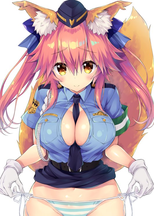 aiguillette alternate_costume animal_ear_fluff animal_ears armband bangs belt between_breasts blue_neckwear blue_panties blue_ribbon blue_shirt blue_skirt blush breasts bursting_breasts cleavage closed_mouth commentary_request eyebrows_visible_through_hair fate/extella_link fate/extra fate_(series) female_service_cap fox_ears fox_tail gloves hair_between_eyes hair_ribbon hat hips large_breasts long_hair looking_at_viewer miniskirt necktie panties pink_hair police police_uniform policewoman ribbon sasorigatame shiny shiny_hair shirt shirt_lift side-tie_panties sidelocks simple_background skirt smile solo striped striped_panties tail tamamo_(fate)_(all) tamamo_no_mae_(fate) underwear uniform white_background white_gloves yellow_eyes