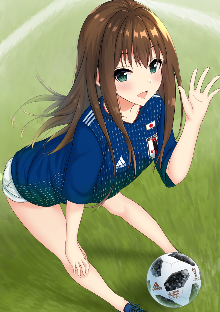 :d ball bangs bent_over blue_footwear blue_shirt blunt_bangs blush brown_hair eyebrows_visible_through_hair football_(object) green_eyes hair_between_eyes idolmaster idolmaster_cinderella_girls japan japanese_flag long_hair looking_at_viewer miyazumi open_mouth shibuya_rin shirt shoes short_shorts short_sleeves shorts smile sneakers soccer soccer_ball soccer_uniform sportswear standing telstar_18 white_shorts world_cup