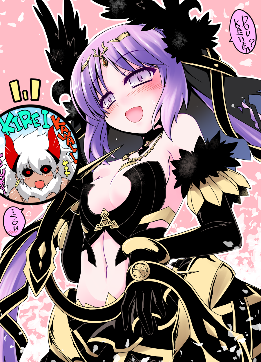 1girl asterios_(fate/grand_order) bare_shoulders black_sclera blush breasts commentary_request cosplay detached_sleeves dress euryale fate/apocrypha fate/grand_order fate_(series) hairband highres hisame_genta horns jewelry long_hair looking_at_viewer open_mouth purple_eyes purple_hair red_eyes semiramis_(fate) semiramis_(fate)_(cosplay) smile translation_request white_hair