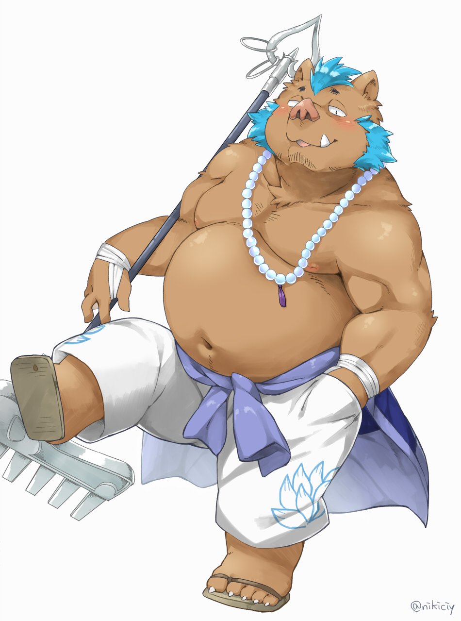 belly blue_hair blush boar clothed clothing footwear gouryou hair jewelry male mammal mohawk musclegut necklace nikiciy nipples porcine sandals staff tokyo_afterschool_summoners topless