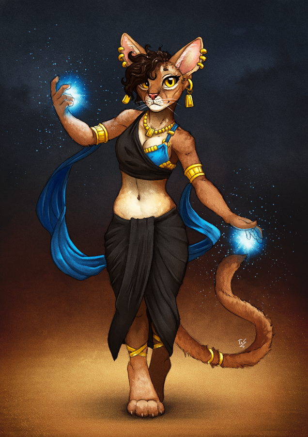 abyssinian_cat anklet anthro armlet big_ears brown_hair cat claws clothing curly_hair dark digitigrade ear_piercing feline female glowing hair jewelry looking_at_viewer mammal midriff navel necklace night piercing portrait skirt slit_pupils solo standing tail_ring tasanko whiskers yellow_eyes