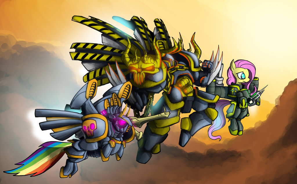 abstract_background armor big_eyes biped claws equine eztp fan_character female fluttershy_(mlp) flying friendship_is_magic fur glowing group holding_object holding_weapon horse long_tail machine mammal mechanical_wings multicolored_tail my_little_pony pegasus pony power_armor purple_mane purple_tail quadruped rainbow_dash_(mlp) rainbow_tail sky spread_wings teal_eyes warhammer_(franchise) weapon wings yellow_fur