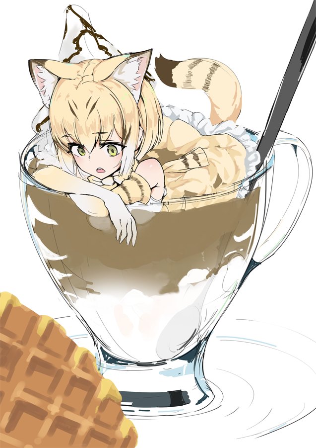 animal_ears bangosu blonde_hair bow bowtie cat_ears cat_girl cat_tail commentary_request cream cup drink drinking_glass elbow_gloves extra_ears eyebrows_visible_through_hair food gloves green_eyes hair_between_eyes in_food kemono_friends print_gloves sand_cat_(kemono_friends) sand_cat_print shirt sleeveless sleeveless_shirt solo spoon spotted_hair tail waffle white_background yellow_gloves yellow_neckwear