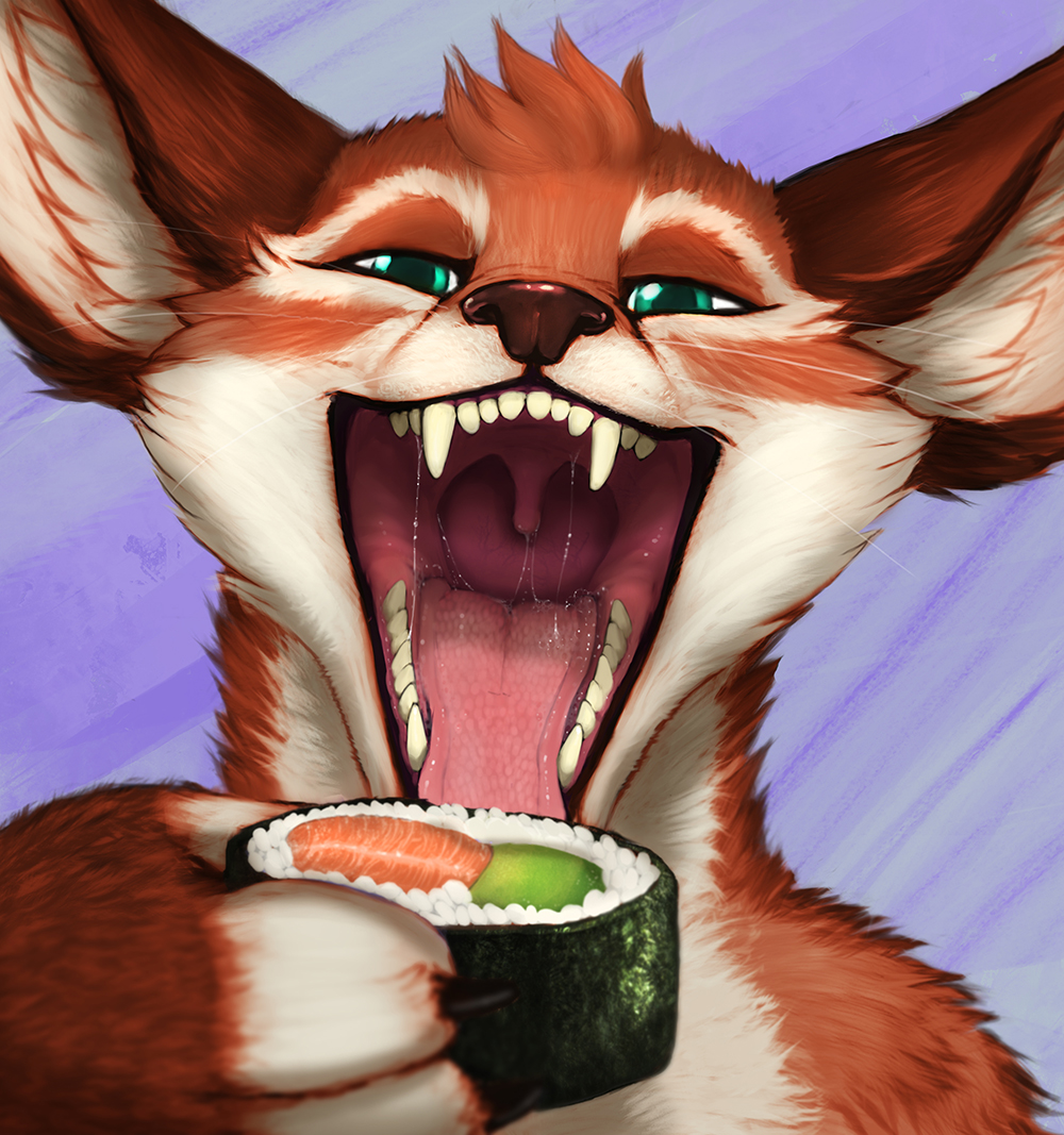 2018 acidic anthro canine fluffy food fox green_eyes happy imminent_vore male male_pred mammal mouth_shot open_mouth rice saliva seaweed sushi teeth throat tongue uvula vore whiskers