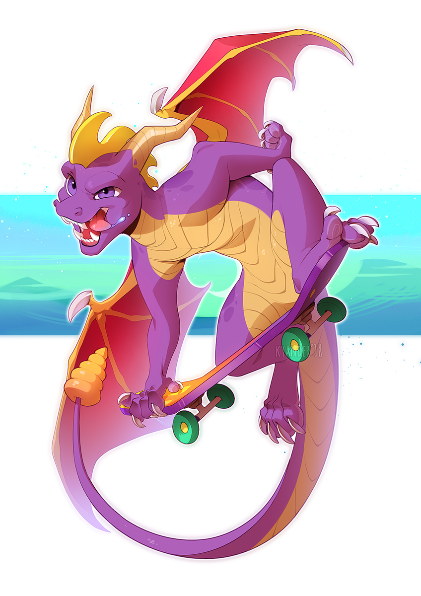 2018 dragon horn kyander male membranous_wings open_mouth purple_eyes scalie skateboard solo spines spyro spyro_the_dragon teeth tongue video_games western_dragon wings