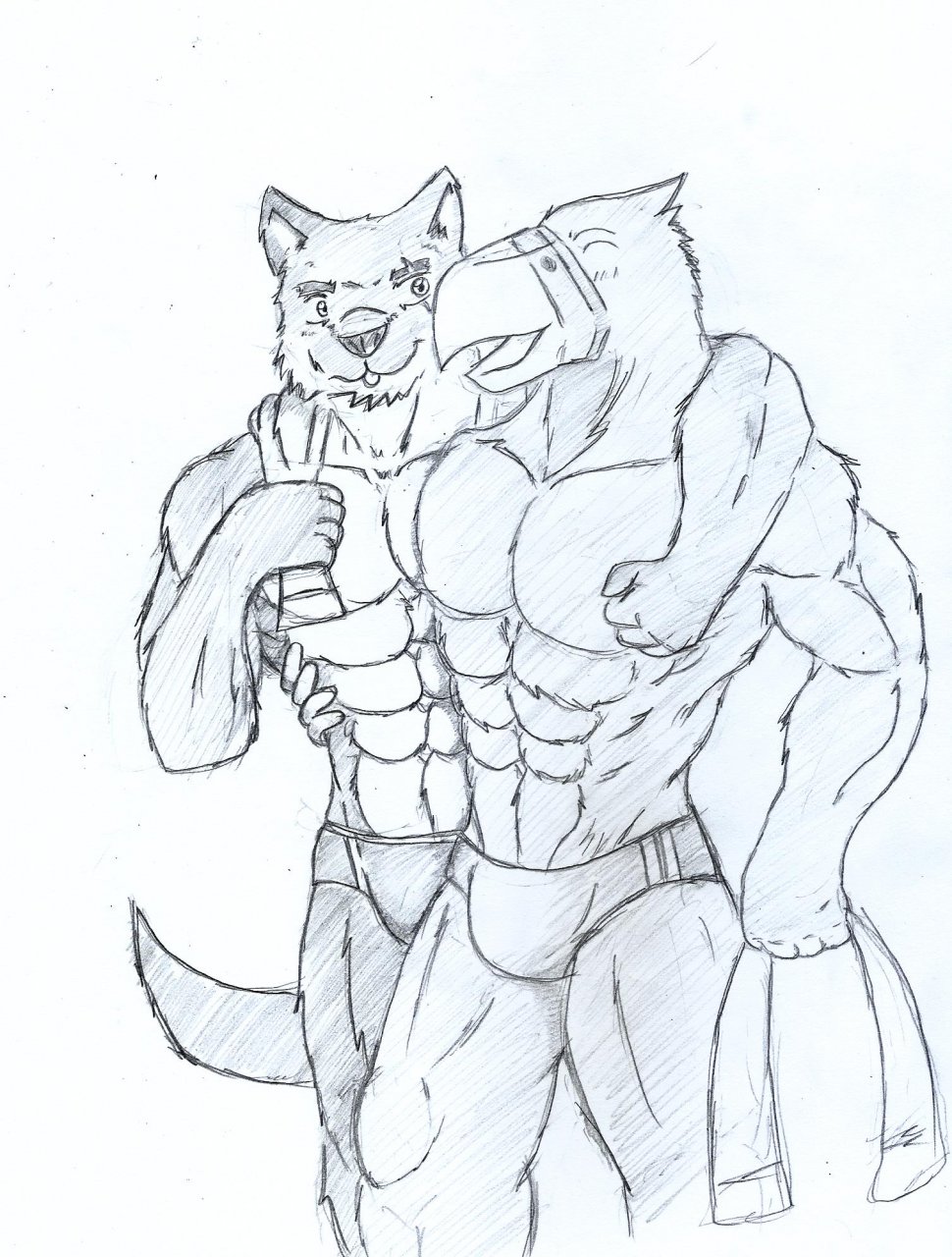 2014 abs animal_crossing anthro anthro_on_anthro anthrofied arm_around_shoulders arthur_wolfenheart avian beak biceps biped bird blep blush boxer_briefs bulge canine clothing collarbone duo embrace eye_scar eyebrows eyes_closed feather_tuft feathers fist front_view fur gingatokkyu greyscale head_tuft hi_res holding_object holding_towel humanoid_hands interspecies long_tail looking_at_another looking_at_partner male male/male mammal monochrome muscular muscular_male muscular_thighs nintendo open_beak open_mouth open_smile pecs pencil_(artwork) portrait quads scar simple_background smile standing sterling_(animal_crossing) three-quarter_portrait tongue tongue_out towel towel_around_neck traditional_media_(artwork) triceps tuft underwear video_games waist_grab white_background wolf