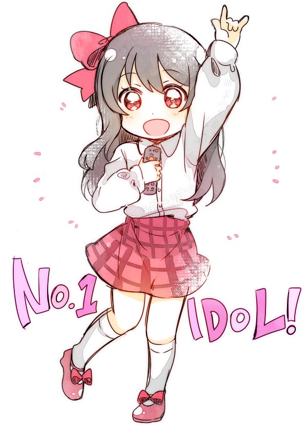:d \m/ arm_up bangs black_hair bow child collared_shirt commentary_request controller english eyebrows_visible_through_hair full_body hair_bow hair_down hair_ribbon kanarin97 kneehighs korean_commentary long_hair looking_at_viewer love_live! love_live!_school_idol_project nico_nico_nii open_mouth plaid plaid_skirt red_bow red_eyes red_footwear red_skirt remote_control ribbon shirt simple_background skirt smile solo twintails white_background white_legwear white_shirt yazawa_nico younger