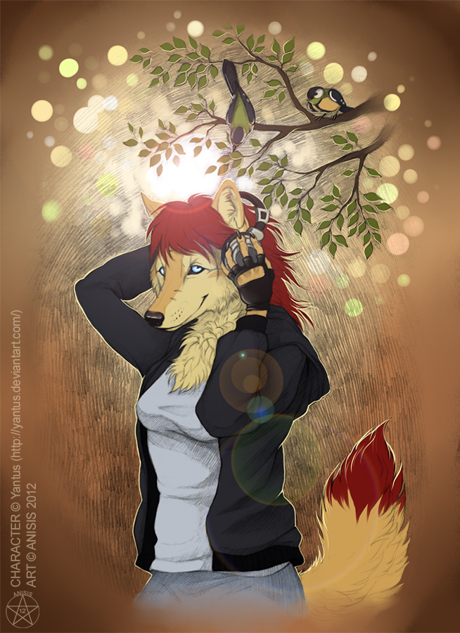 2012 5_fingers anisis anthro black_nose blue_eyes canine clothed clothing female fox hair mammal red_hair smile solo
