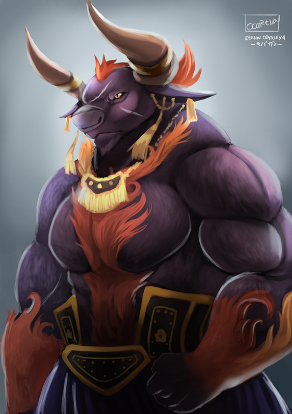 anthro black_fur bovine cattle clothed clothing ear_piercing etrian_odyssey etrian_odyssey_4:_legends_of_the_titan facial_scar fur hair half-length_portrait horn jewelry kibagami male mammal multiple_piercings muscular muscular_male necklace ocaritna piercing portrait red_hair scar sentinel solo topless watermark yellow_eyes