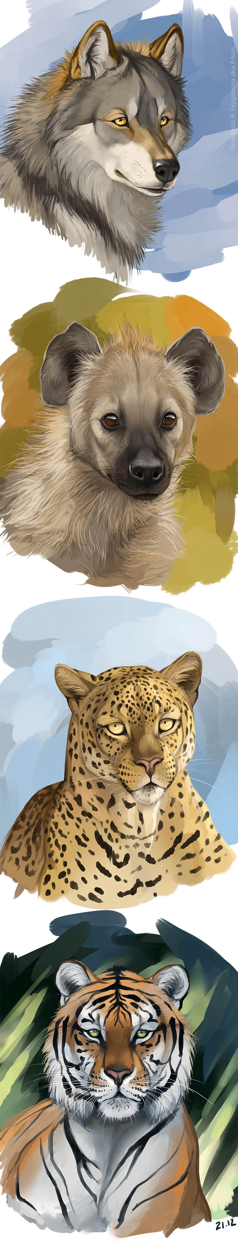 2013 anisis black_nose brown_eyes canine cheetah digital_media_(artwork) dog duo feline fur green_eyes grey_fur hyena mammal spots spotted_fur tiger wolf yellow_eyes