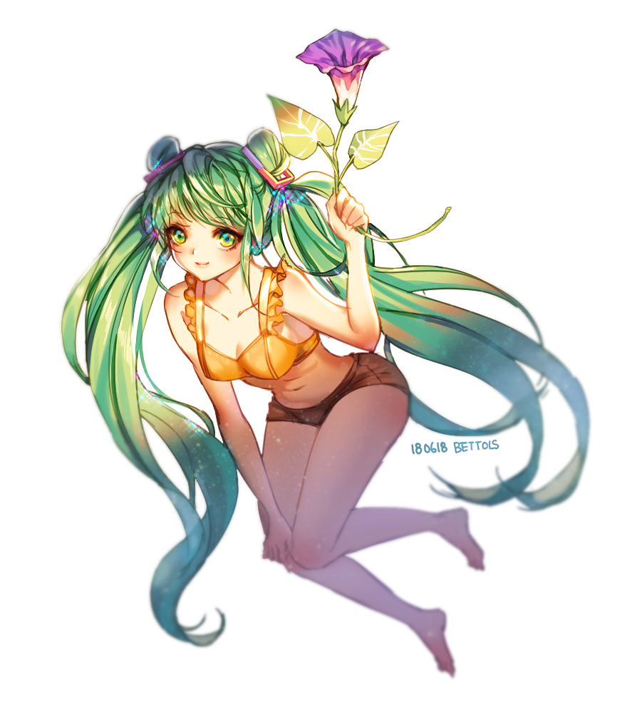 artist_name bangs barefoot bettols black_shorts breasts cleavage collarbone dated earrings eyebrows_visible_through_hair floating_hair flower full_body green_eyes green_hair hair_ornament hand_on_own_knee hatsune_miku holding holding_flower jewelry long_hair looking_at_viewer medium_breasts purple_flower short_shorts shorts simple_background smile solo twintails very_long_hair vocaloid white_background yellow_bikini_top