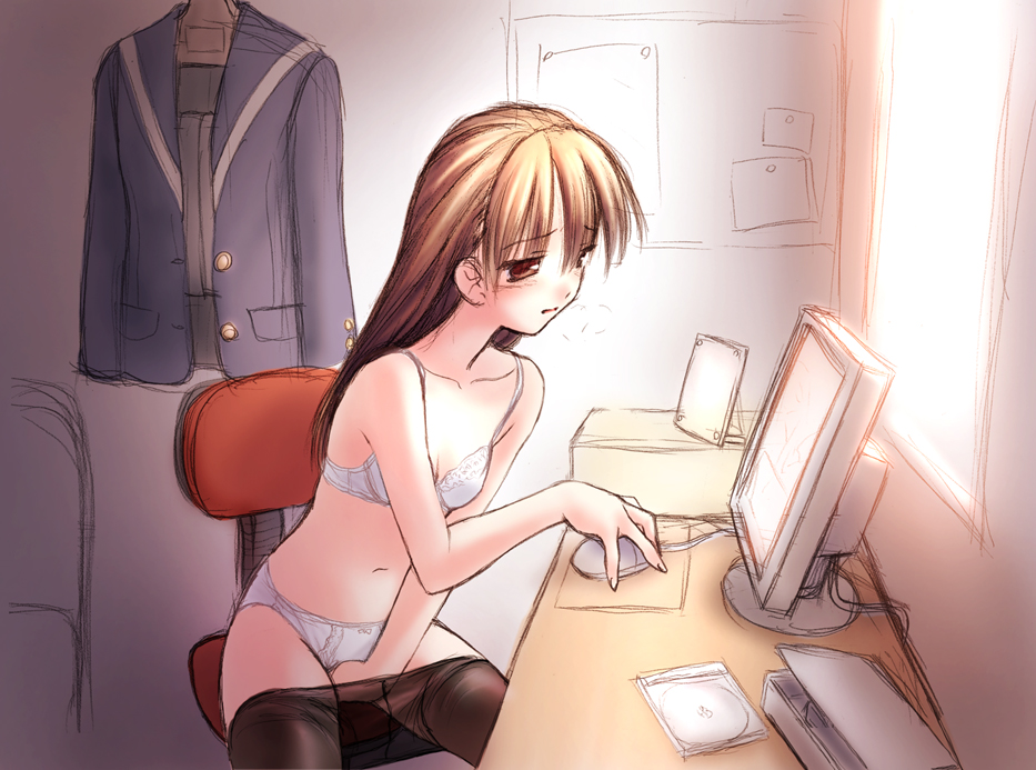 1girl bow bow_panties bra brown_eyes brown_hair chair clothes_removed collarbone computer crotch_seam desk female fingering fingering_through_clothes indoors long_hair masturbation masturbation_through_clothing navel norizou_type-r panties pantyhose pantyhose_pull sitting sketch solo through_clothes through_panties underwear underwear_only white_bra white_panties