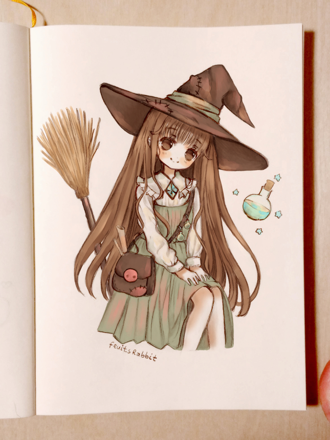 1girl artist_name bag blush broom brown_hair cropped_legs dress eyebrows_visible_through_hair flask fruitsrabbit green_dress hat head_tilt invisible_chair long_hair long_sleeves looking_at_viewer original patch photo round-bottom_flask shoulder_bag simple_background sitting solo star very_long_hair white_background witch witch_hat