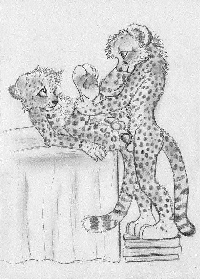 anal anal_penetration animal_genitalia anthro anthro_on_anthro anus balls cheetah cub duo feline greyscale kinyama leopard male male/male male_penetrating mammal monochrome nut penetration penis sex sheath sundari young