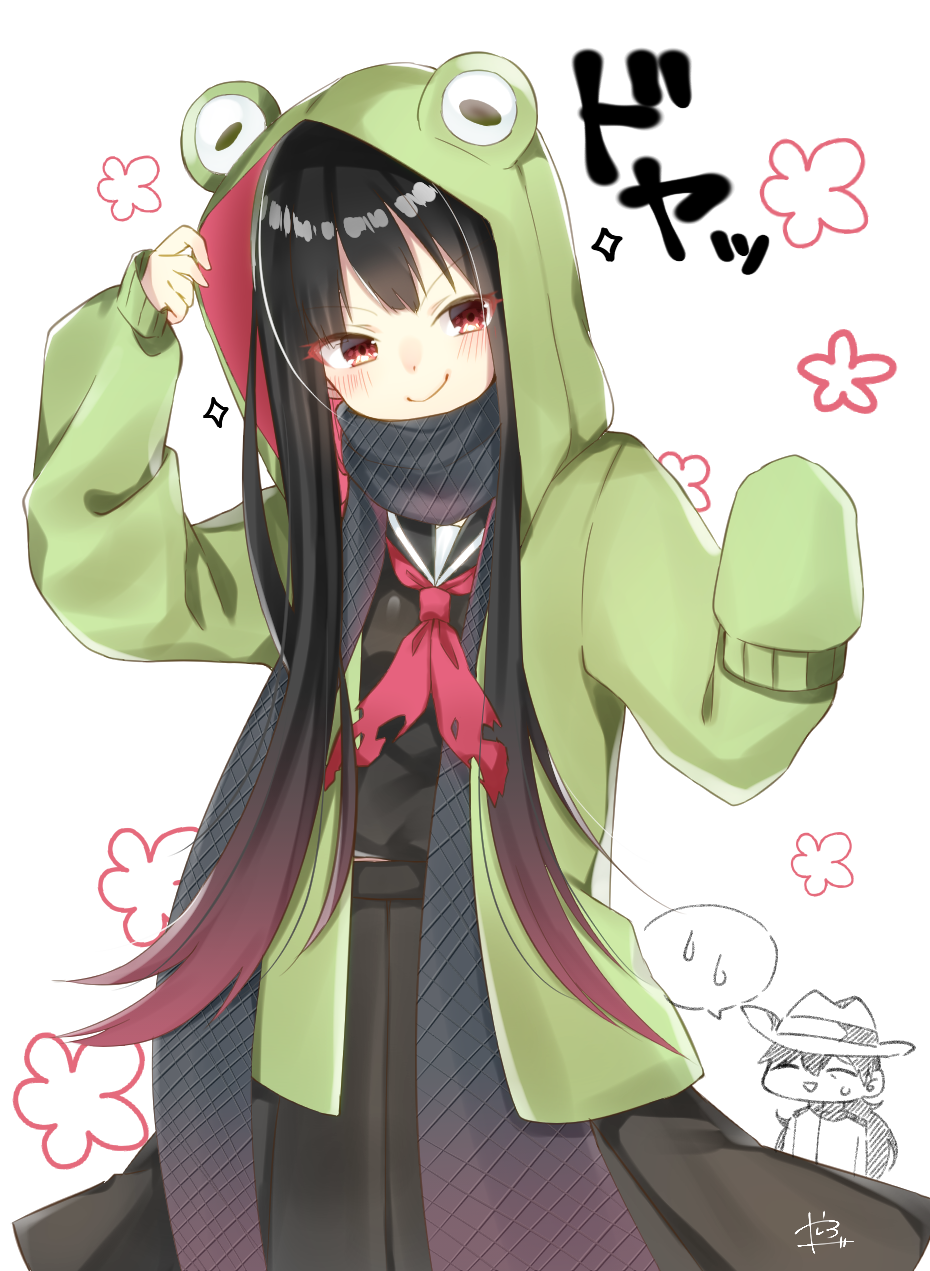 1girl :d abe_suke animal_hood arm_up black_hair black_sailor_collar black_scarf black_serafuku black_shirt black_skirt blush closed_eyes closed_mouth commentary_request fate/grand_order fate_(series) frog_eyes frog_hood gradient_hair green_jacket hat highres hood hood_up hooded_jacket jacket long_hair long_sleeves multicolored_hair neckerchief open_clothes open_jacket open_mouth oryou_(fate) pleated_skirt puffy_long_sleeves puffy_sleeves red_eyes red_hair red_neckwear sailor_collar sakamoto_ryouma_(fate) scarf school_uniform serafuku shirt simple_background skirt sleeves_past_fingers sleeves_past_wrists smile smug solo_focus sparkle spoken_sweat torn_clothes torn_neckerchief very_long_hair white_background