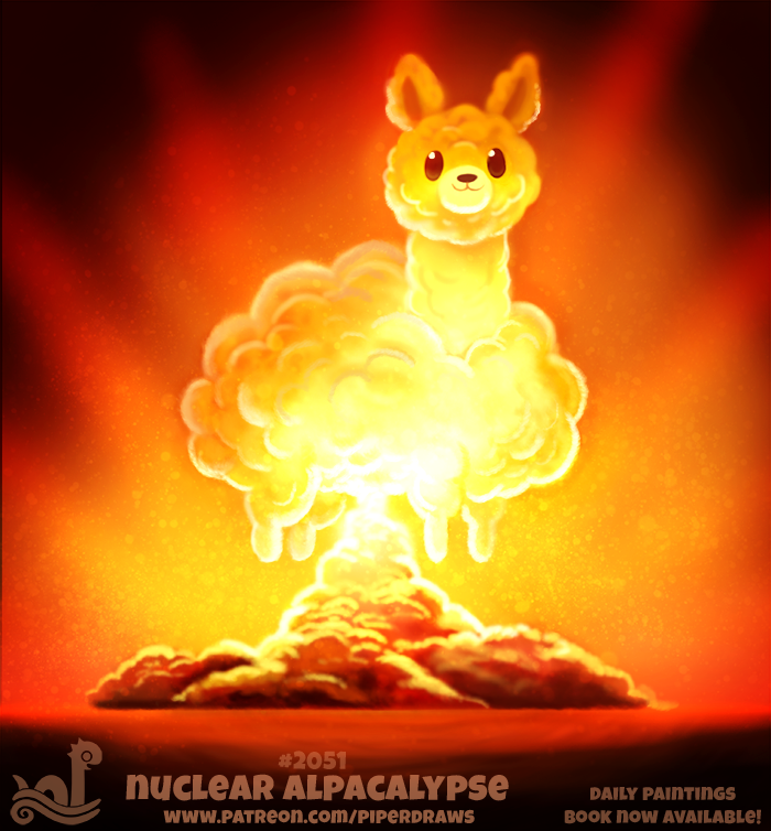 alpaca ambiguous_gender brown_eyes camelid cloud cryptid-creations explosion feral fur glowing humor mammal mushroom_cloud nuclear_explosion pun solo yellow_fur