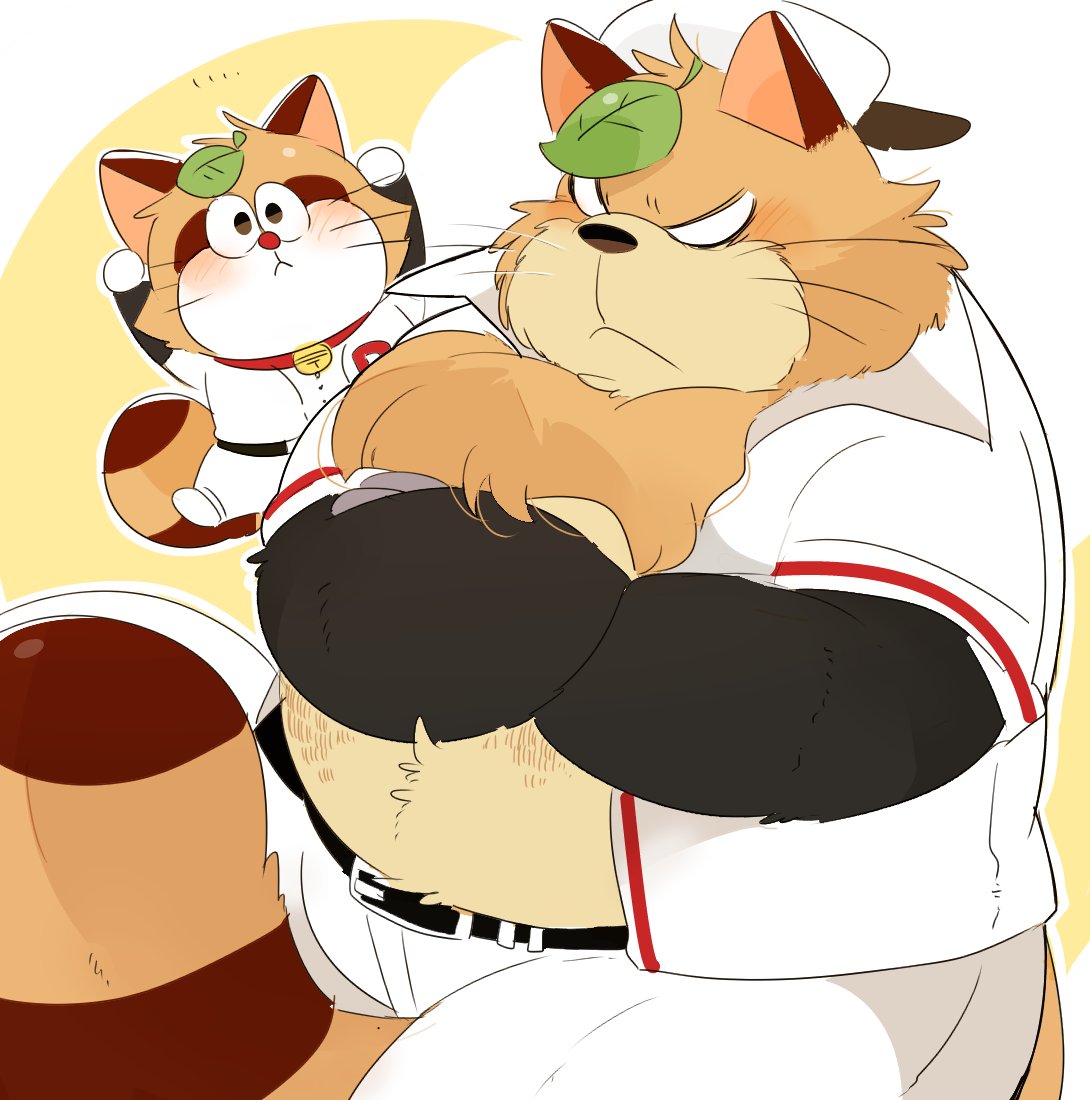 2018 anthro baseball_(sport) baseball_uniform blush brown_fur canine clothed clothing doraemon duo fur hyaku1063 male mammal open_shirt overweight overweight_male pants pokoemon_(character) shorts simple_background sport tanuki uniform