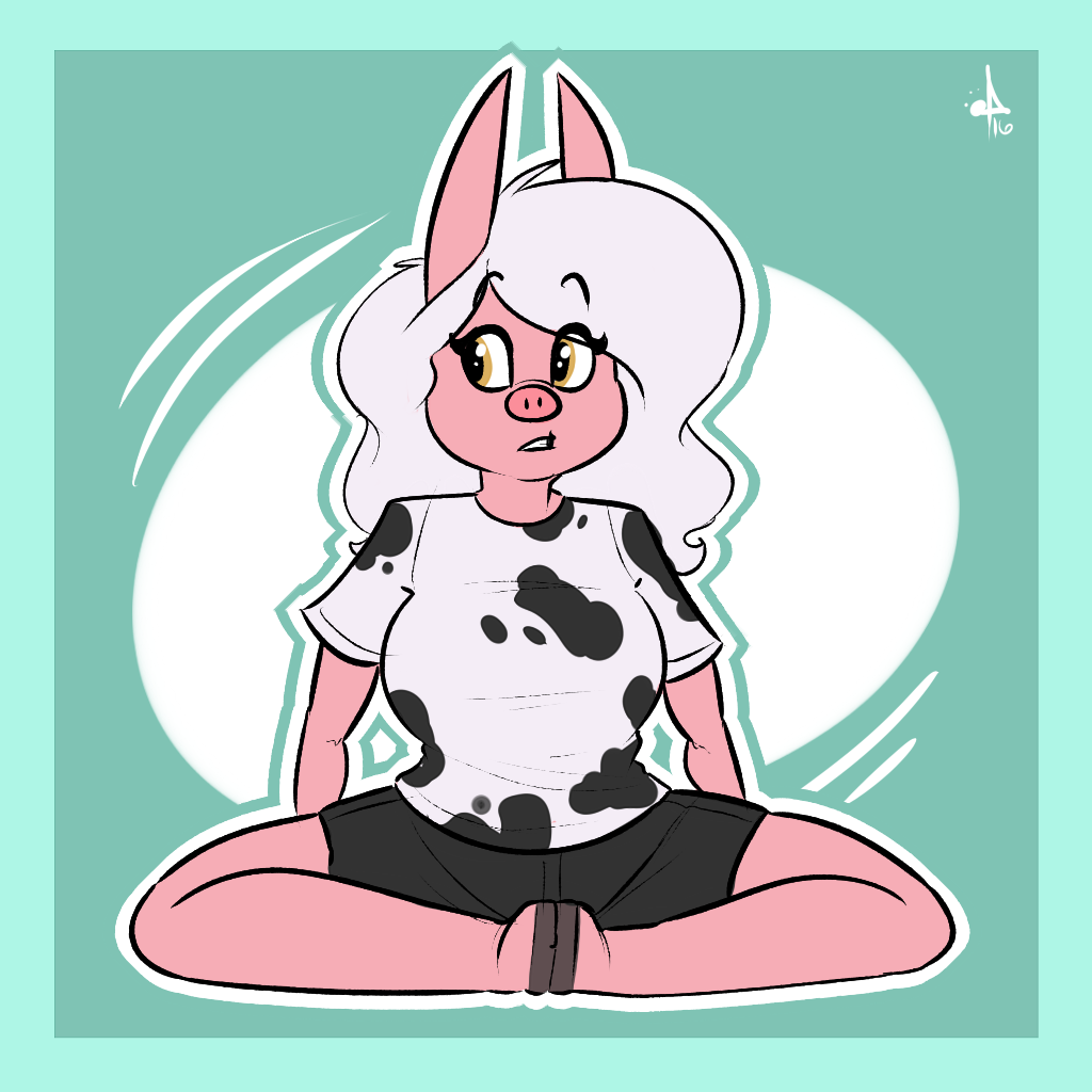 amoo anthro breasts clothed clothing eyelashes female fully_clothed hair hooves komponi light_skin long_ears long_hair mammal pig pink_nose pink_skin porcine shirt shorts sitting solo white_clothing white_hair yellow_eyes