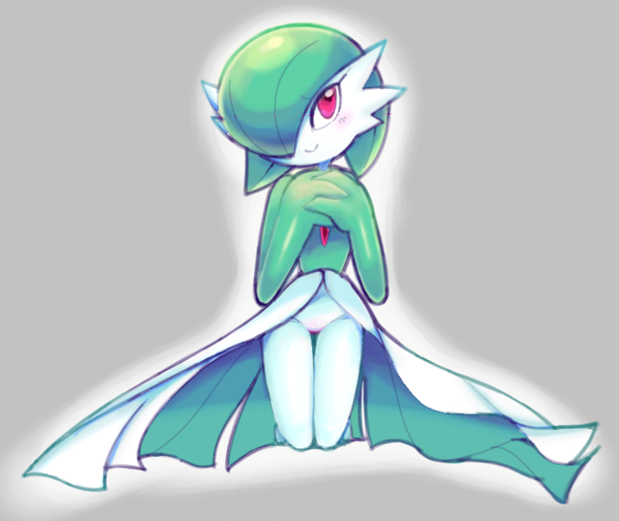 barefoot cheek_tuft clothing dress female front_view gardevoir green_clothing green_hair grey_background hair hair_over_eye humanoid nintendo outline pale_skin pink_eyes pok&eacute;mon pok&eacute;mon_(species) simple_background solo thigh_gap tuft upskirt video_games white_skin ɯ(_&ndash;_&ndash;_)ɯ