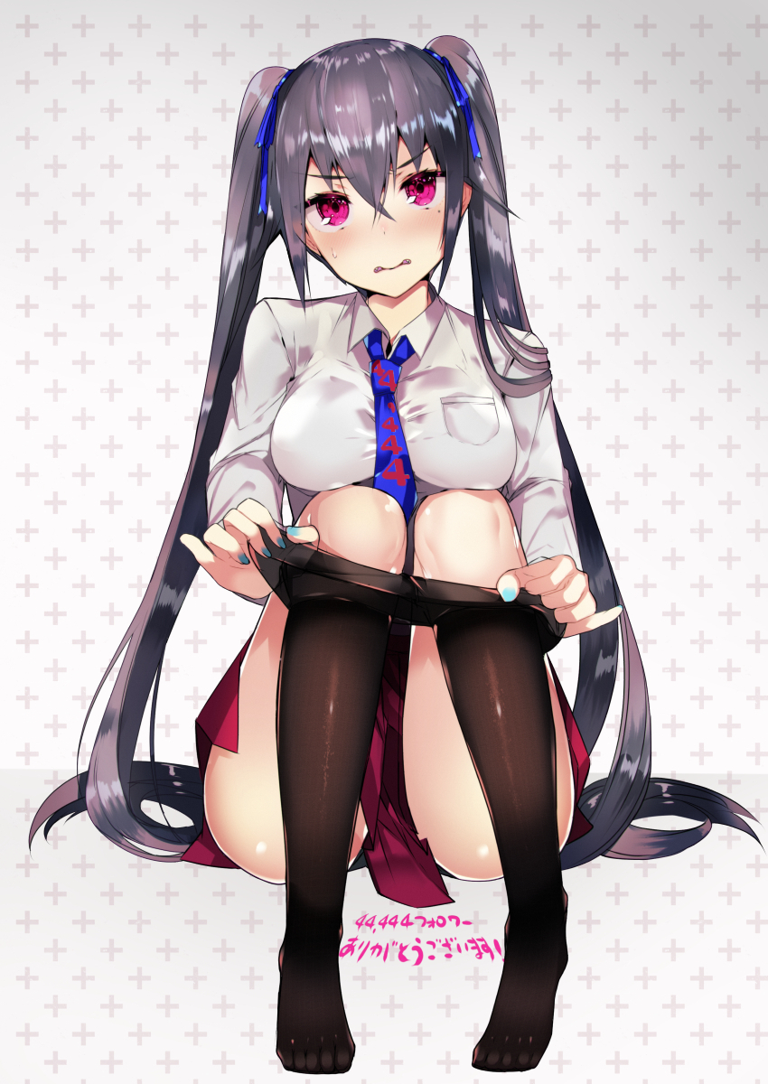 bangs banned_artist black_hair black_legwear black_panties blue_nails blue_neckwear blue_ribbon blush breasts collared_shirt commentary_request eyebrows_visible_through_hair fangs fingernails full_body grey_background hair_between_eyes hair_ribbon head_tilt highres large_breasts long_hair long_sleeves looking_at_viewer nail_polish necktie no_shoes original panties panty_peek pantyhose pantyhose_pull parted_lips pleated_skirt print_neckwear pulled_by_self purple_eyes red_skirt ribbon shiny shiny_hair shirt sitting skirt solo sweat tetsubuta translation_request twintails underwear v-shaped_eyebrows very_long_hair white_shirt