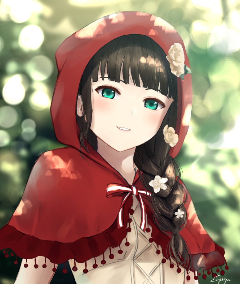 aqua_eyes bangs black_hair blunt_bangs blurry blurry_background bokeh braid capelet cosplay depth_of_field flower grimm's_fairy_tales hair_over_shoulder hood hood_up kurosawa_dia little_red_riding_hood little_red_riding_hood_(grimm) little_red_riding_hood_(grimm)_(cosplay) long_hair looking_at_viewer love_live! love_live!_sunshine!! mole mole_under_mouth papi_(papiron100) parted_lips red_capelet red_hood signature single_braid smile solo upper_body